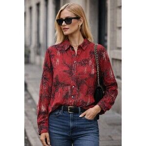 Chicos Shirt Sz 2 Large Button Up Linen Blend Bamboo Red Black Sheer Asian VTG